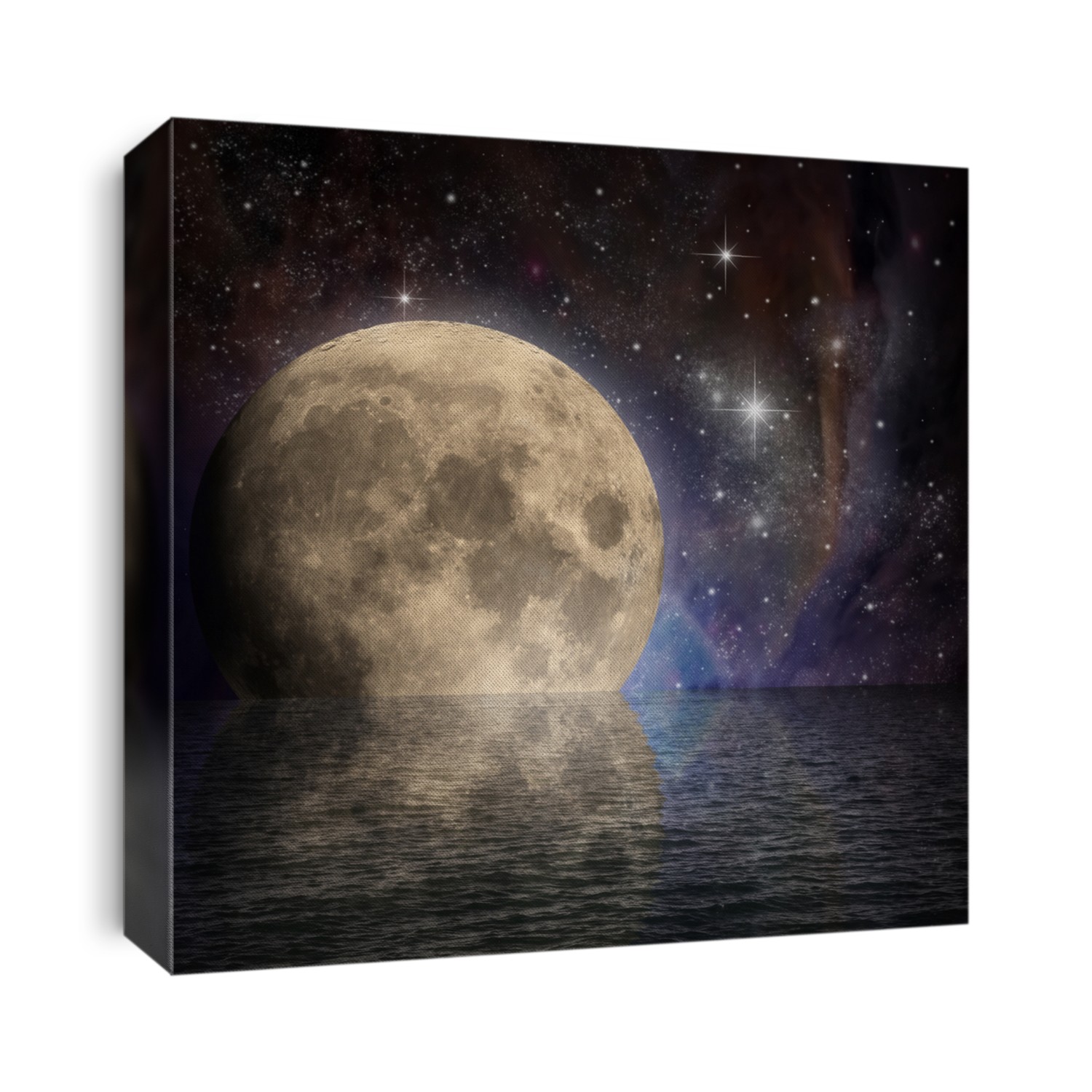 Large Moon with Reflection in Water and Stars in  Night Sky
