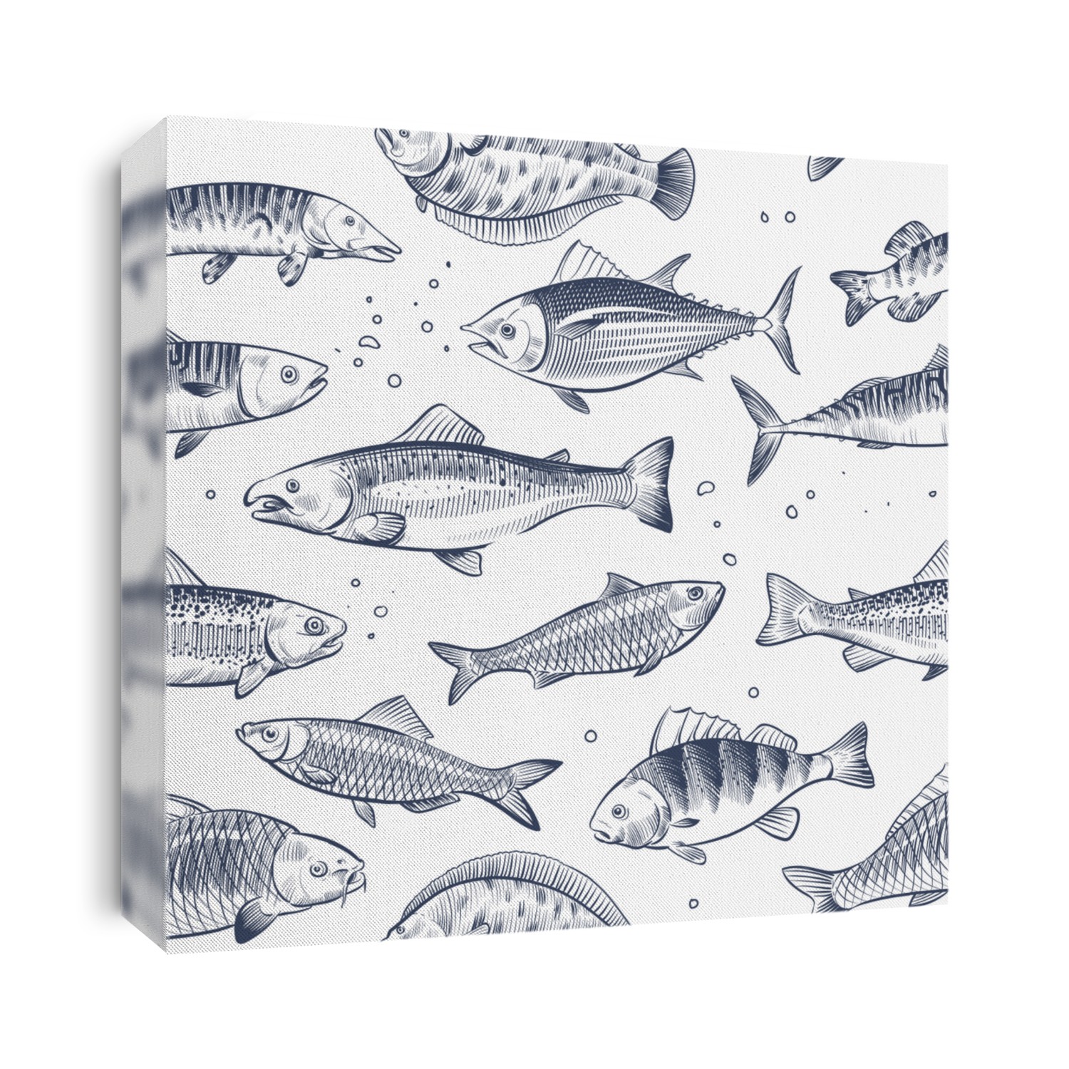 Sketch fishes seamless pattern. Etched ocean fish wrapper vintage background