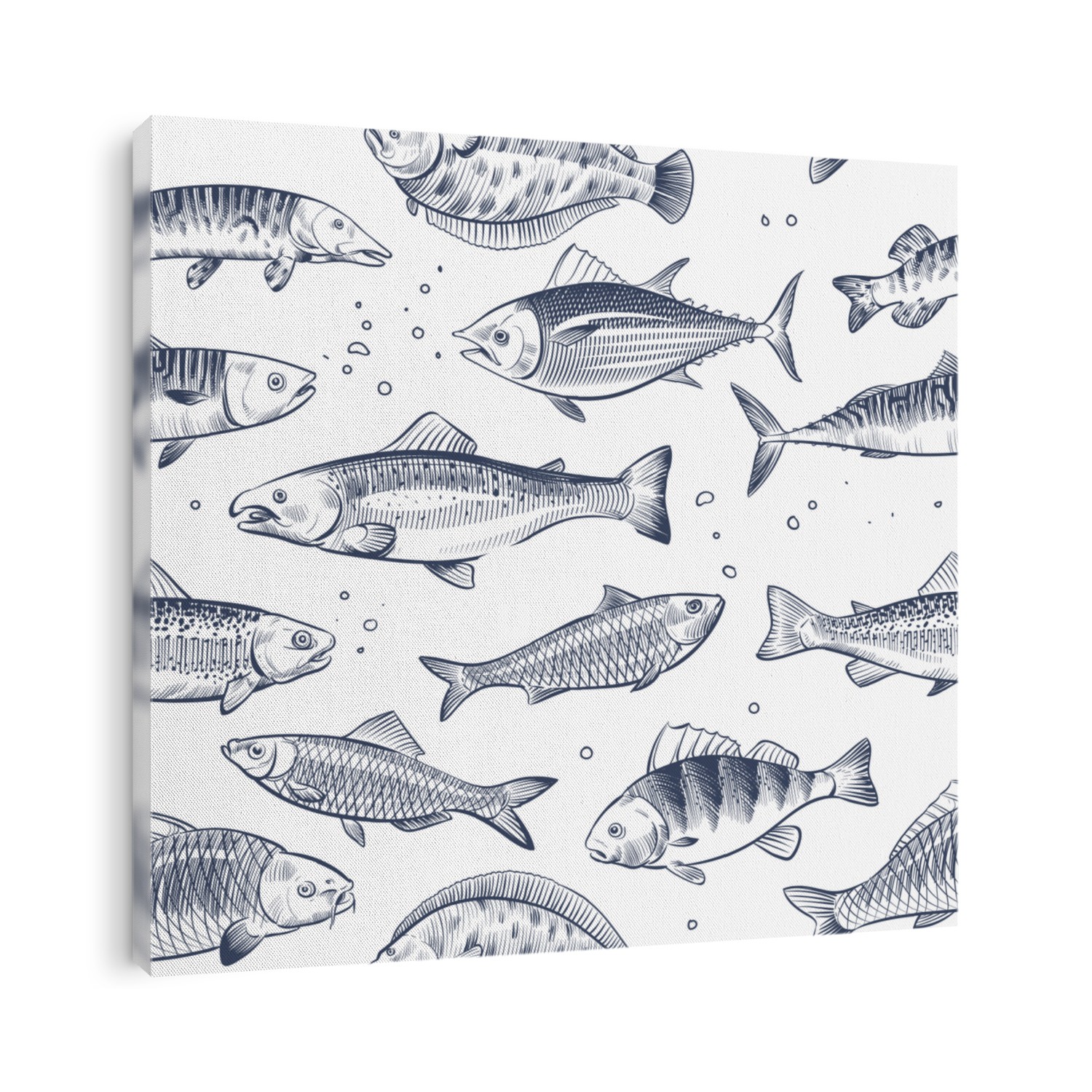 Sketch fishes seamless pattern. Etched ocean fish wrapper vintage background